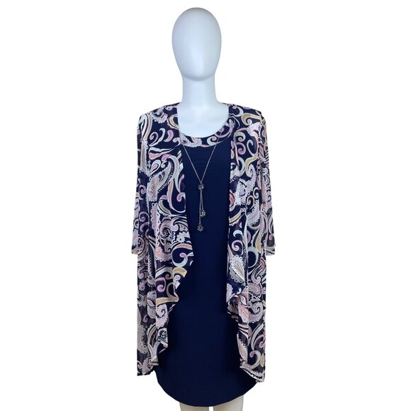 R&M Richards Womens Navy & Paisley 2-Piece Dress Set With Necklace Sz 18W - New - Picture 1 of 14
